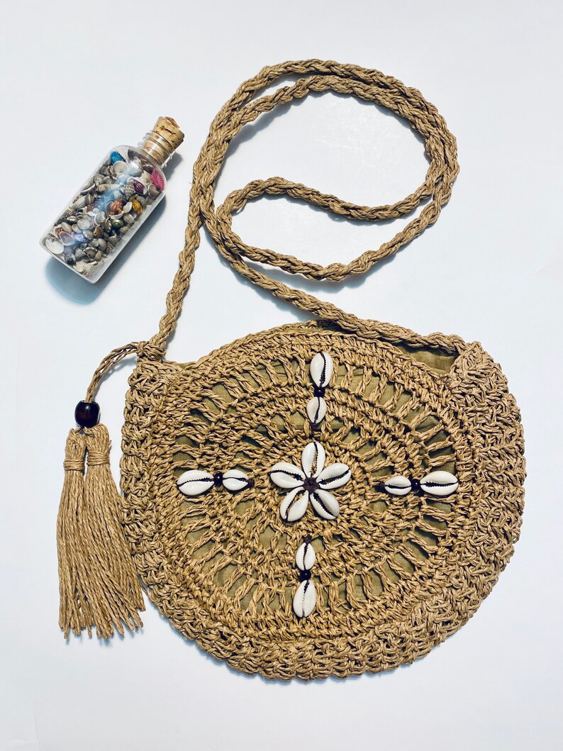 Cowrie Shell Rattan Woven Handbag Round Cross Body Handbag Long Strap Purse Cowry Hand Altered Tassel Wooden Detail Gift For Women Brown