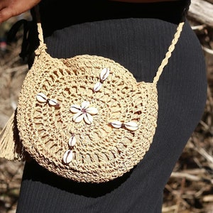 Cowrie Shell Rattan Woven Handbag Round Cross Body Handbag Long Strap Purse Cowry Hand Altered Tassel Wooden Detail Gift For Women image 1