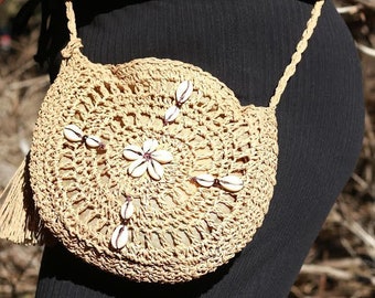 Cowrie Shell Rattan Crossbody Bag - Woven Round Purse