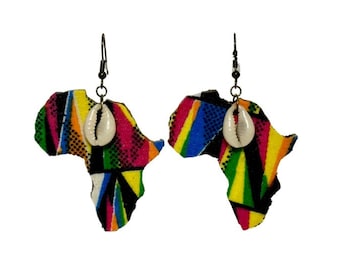 African Fabric Africa Shape Earrings, Cowrie Shell, Boho Island Jewelry