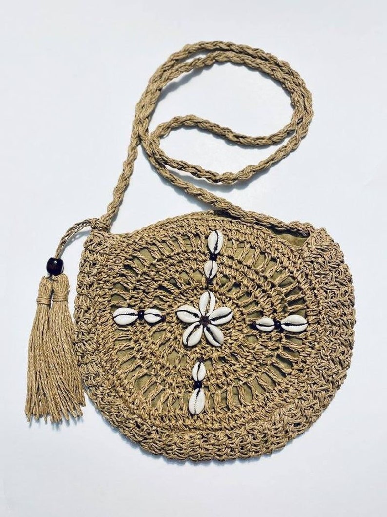 Cowrie Shell Rattan Woven Handbag Round Cross Body Handbag Long Strap Purse Cowry Hand Altered Tassel Wooden Detail Gift For Women image 7