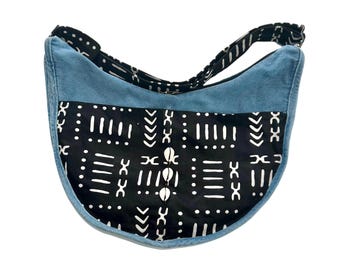 African Print Denim Crossbody Bag: Large Cowrie Shell Handbag
