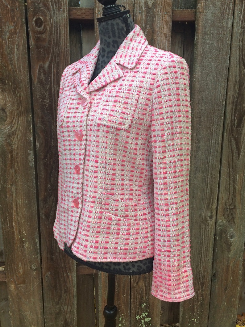 Bubblegum Pink Tweed Silk Jacket Pink and White Tweed Blazer Vintage Silk Tweed Jacket J.G Size 8 Hook Pink and White Tweed Coat
