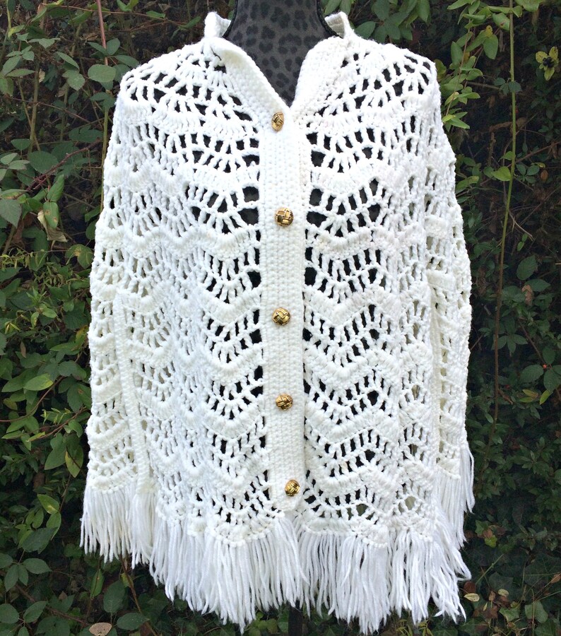 White Knit Poncho Sweater / White Button Up Knit Poncho / image 0