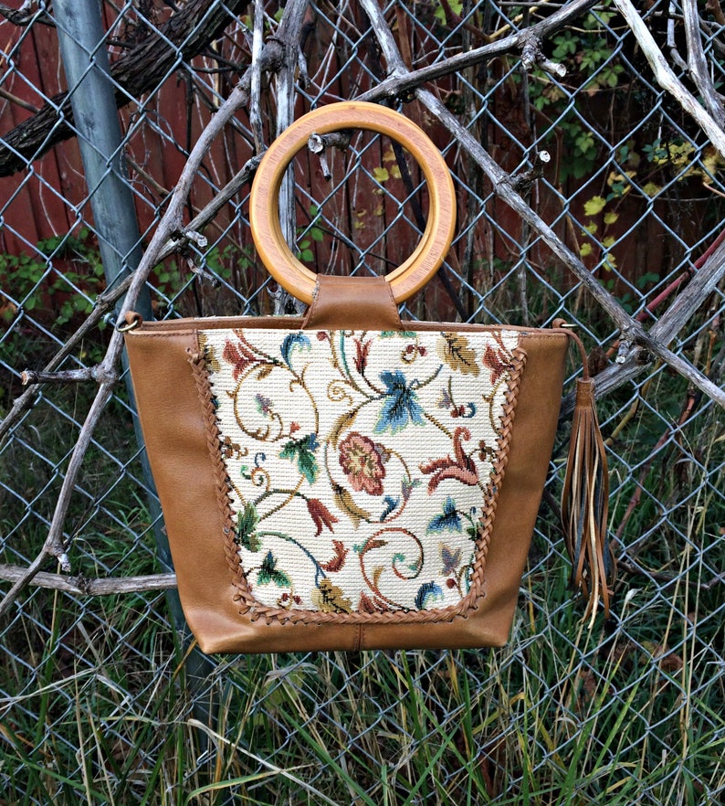 Leather and Canvas Wood Handles Purse / Multi Color Canvas and image 0