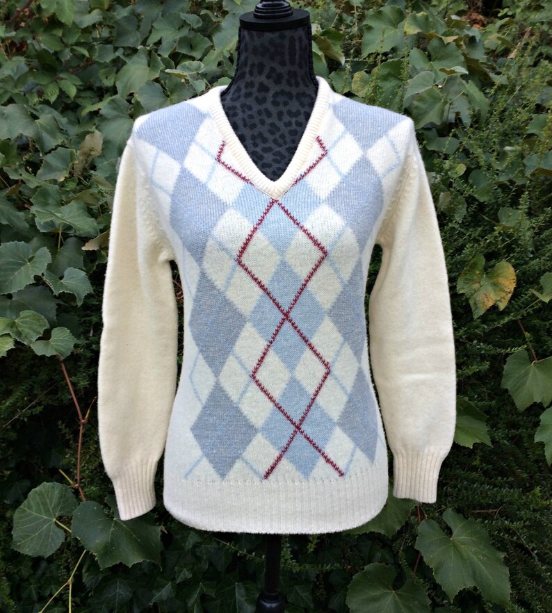 1970s Cream Wool Sweater / Vintage Wool Argyle Sweater / White image 0