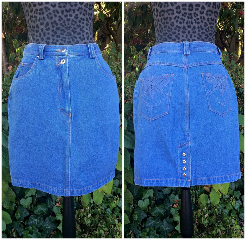 Vintage Denim Embroidered Denim Skirt / 1980s Embroidered Blue image 0