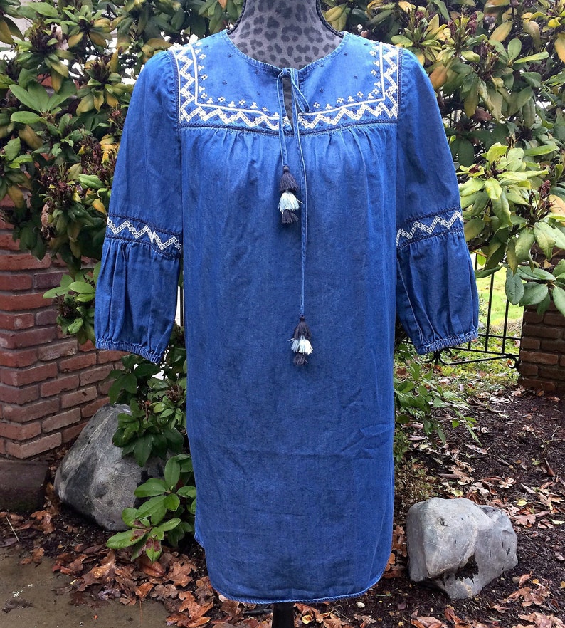 Denim Embroidered Boho Dress / Blue Jean Dress / Dark Denim image 0