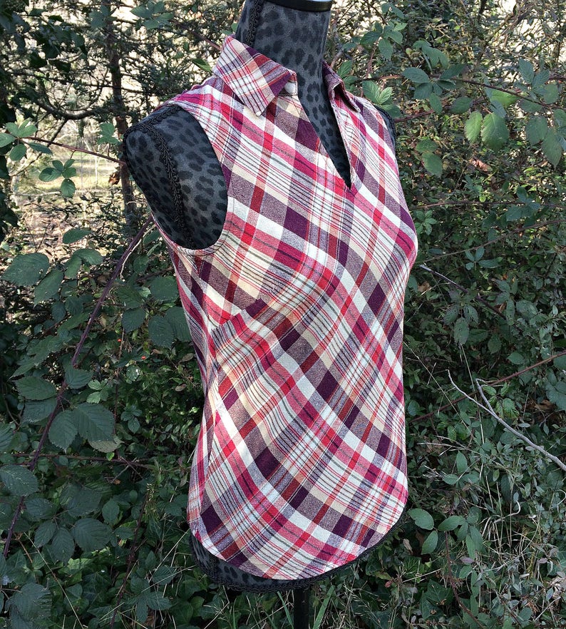 Tan Red and Purple Plaid Sleeveless Shirt / Beige and Red | Etsy