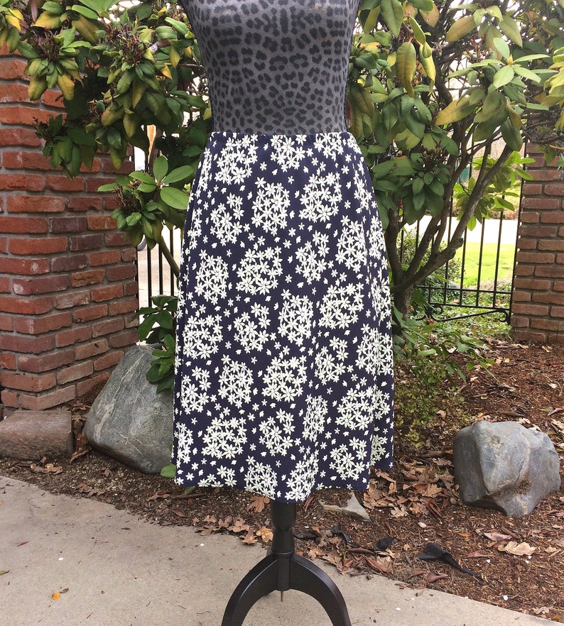 Navy Blue and Yellow Floral Skirt / Vintage Blue Floral Midi image 0