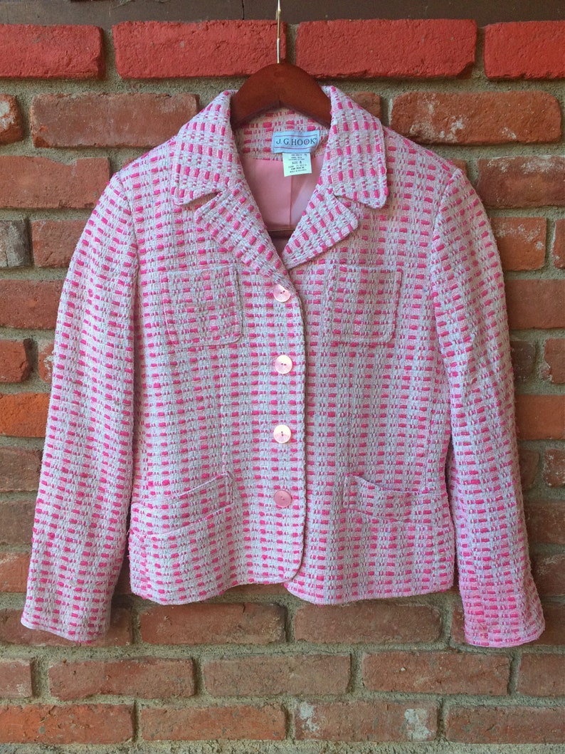 Bubblegum Pink Tweed Silk Jacket Pink and White Tweed Blazer Vintage Silk Tweed Jacket J.G Size 8 Hook Pink and White Tweed Coat