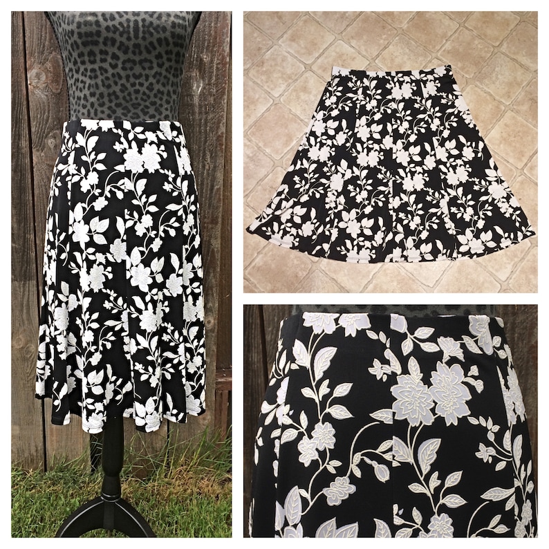 Black and White Floral Skirt / Detailed Floral Midi Skirt / Etsy