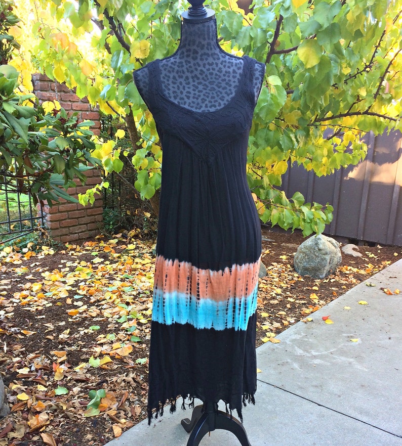 Black Blue Orange Tie Die Hippie Dress /Embroidered Black image 0
