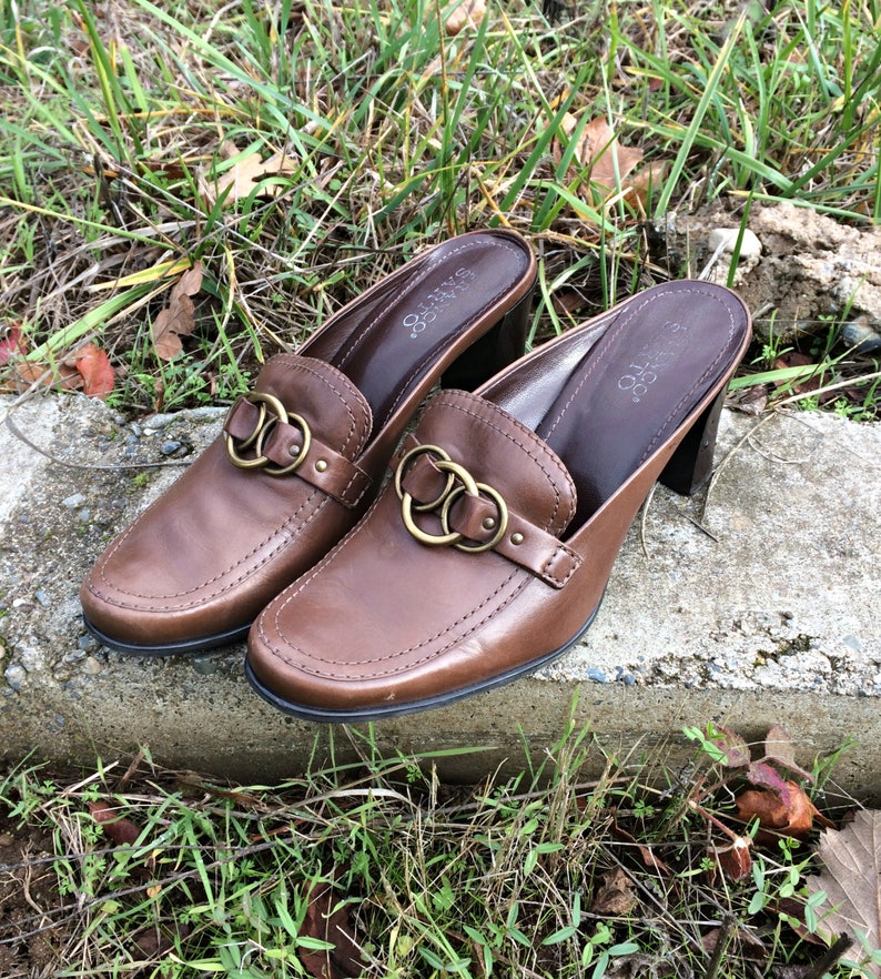 Brown Leather Open Heel Clogs / Brown Leather Heels / Leather image 0