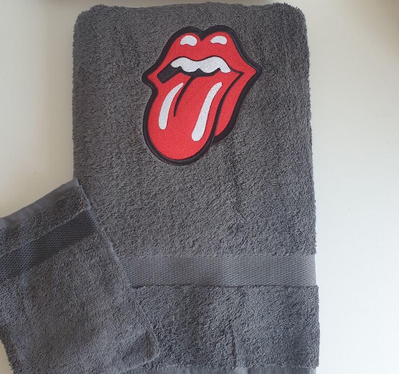 Bath towel embroidered with the Rolling Stones tongue. Rock and roll. Birthday gift idea, Father's Day image 4