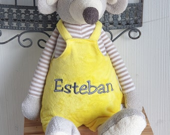 Plush mouse in yellow overalls embroidered with first name