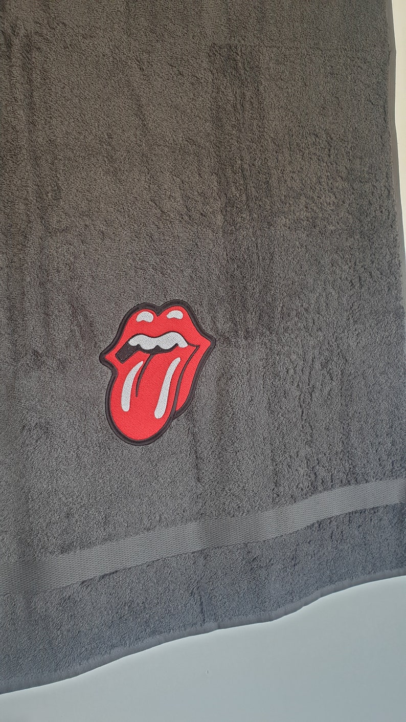 Bath towel embroidered with the Rolling Stones tongue. Rock and roll. Birthday gift idea, Father's Day image 3