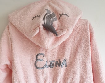 Unicorn bathrobe in terry cloth 100% pure cotton, embroidered with first name