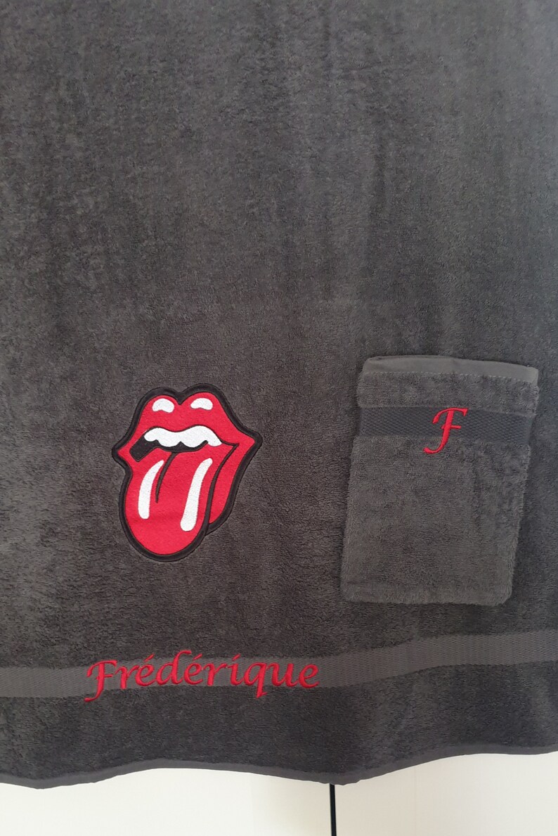 Bath towel embroidered with the Rolling Stones tongue. Rock and roll. Birthday gift idea, Father's Day image 2