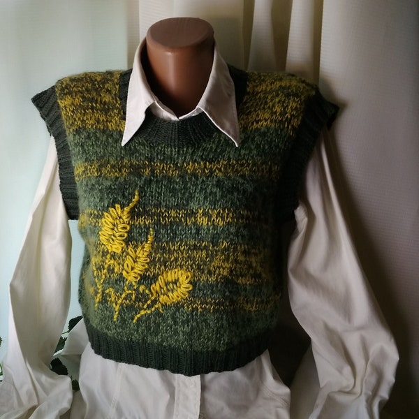 Hand knit Shirt preppy Sweater Vest with embroidery sleeveless Pullover crop top tank merino wool and mohair Tunic Tabard Officeest outfit