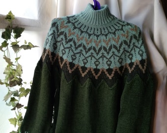 Hand Knitted Green Wool Sweater Fisherman's Sweater Icelandic Sweater Nordic Lopapeysa Colorful Wool Pullover Jacquard Sweater Made to Order
