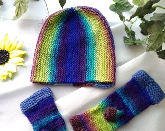 Unisex Hand Knitted striped Hat and Fingerless multi color Gloves Mittens Long Slouchy soft wool Hat Fisherman hat Fall Winter Outfit