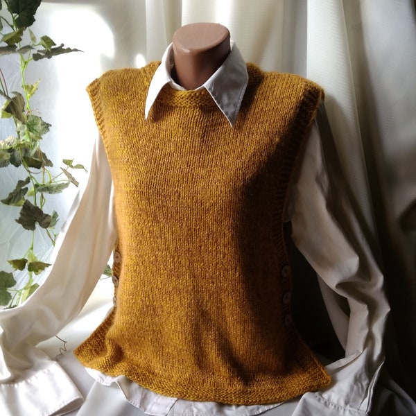 Mustard Poncho vest Hand knit cover neck sleeveless button alpaca sweater chunky pullover Tunic Tabard preppy style knit vest Office outfit
