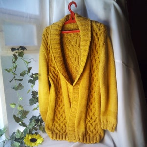 Yellow men&#39;s outdoor big Knit Cardigan Shawl V Neck Long sleeve Size Extra Large mustard Unisex Jacket Chunky open front bulky coat sweater