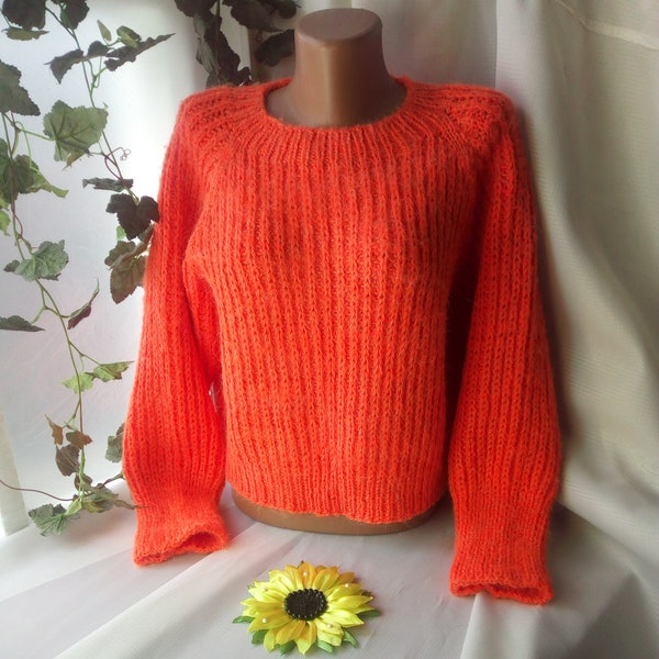 Hand knitted Orange cropped top sweater Wool and mohair cable Elegant Bolero soft top chunky tunic Long sleeve jumper