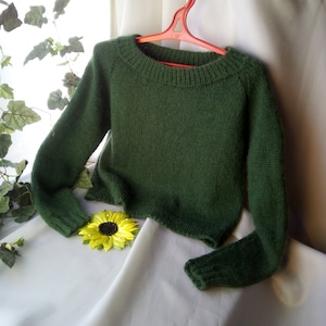 Emerald Green knit cropped oversized sweater for women Wool cable knit top Knit mohair chunky tunic Long sleeve jumper Romantic style