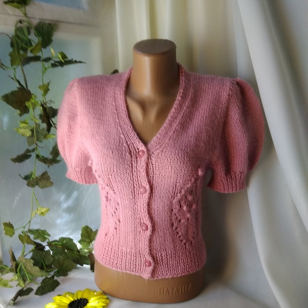Pink cropped V Neck button-down cardigan Knitted  women's short sleeve soft mohair jacket Puff sleeve top Sleeve balloon Romantic style