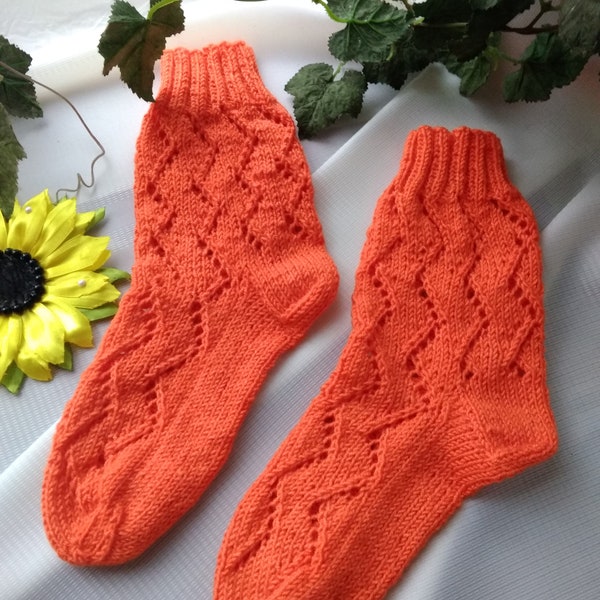 Hand Knit orange women's Socks Very soft long knitted socks woolen socks for women Very warm Cozy pair Christmas Gift Ready to ship