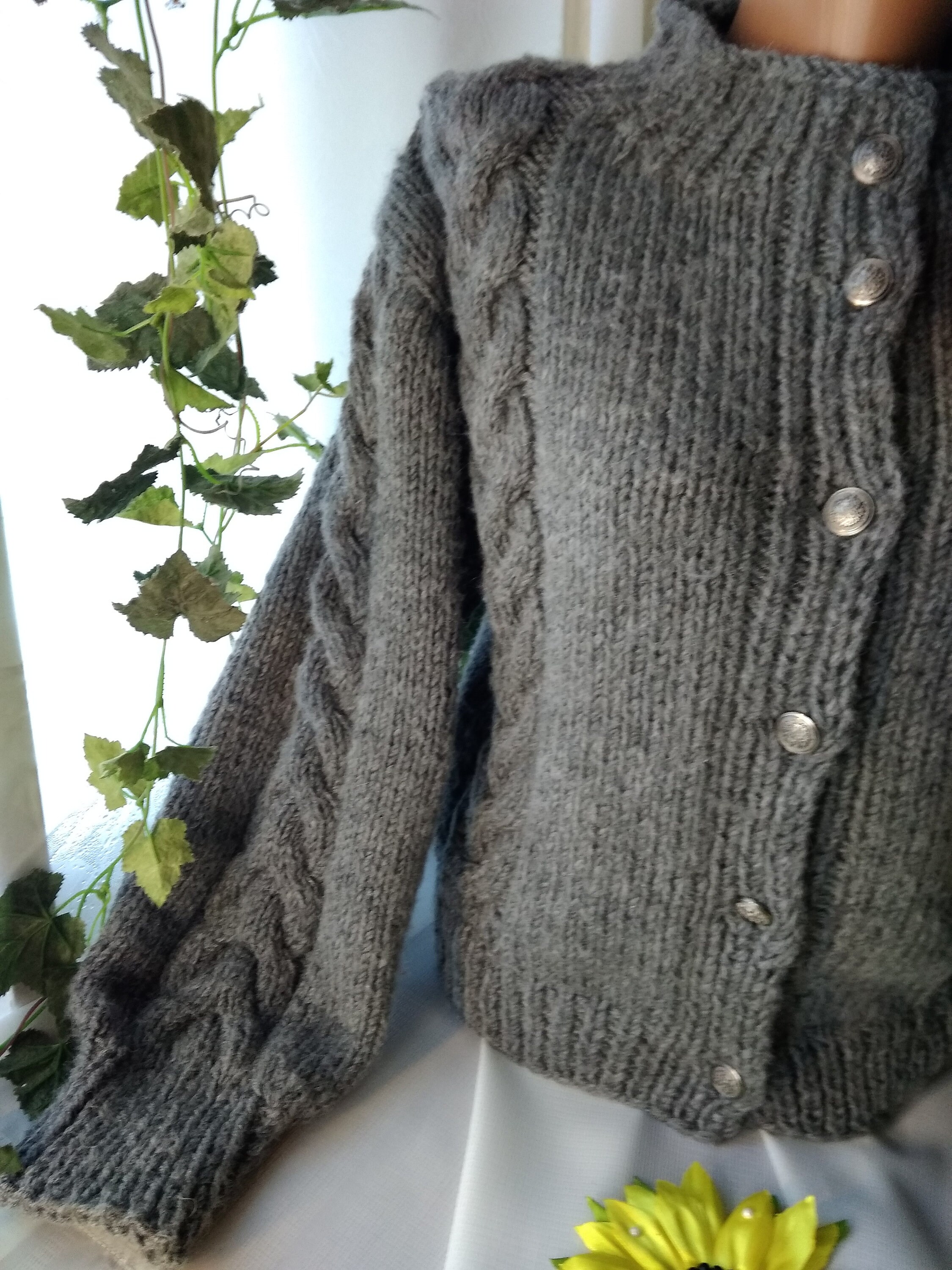 Hand Knit Chunky Wool Cardigan: Cable Knit Button-front Sweater