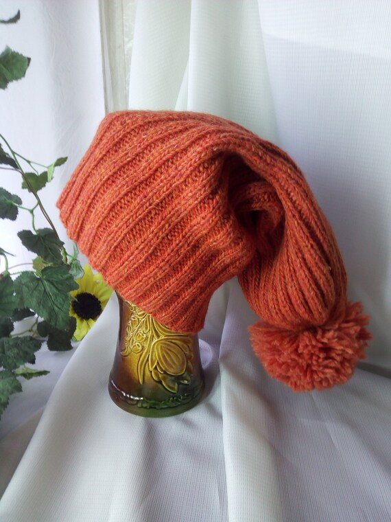 Orange Hand Knitted Bobble Hat Unisex Stylish beanie with Pom pom Fisherman hat Pumpkin Long Slouchy wool Hallowen Hat Ready to ship