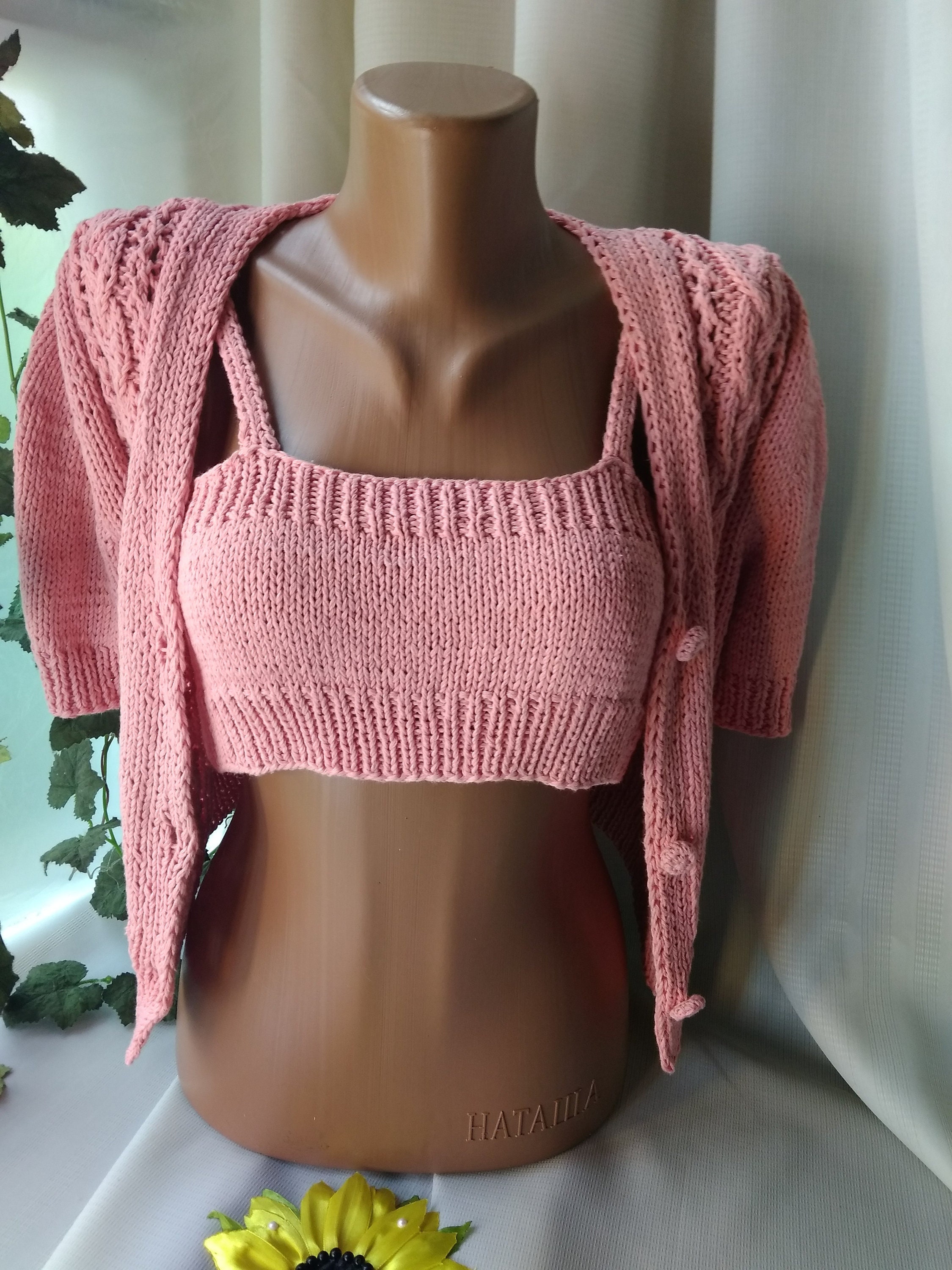 Pink Cropped Cardigan and Bralette V Neck Button-down Cotton