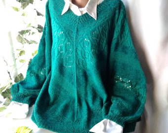 Emerald Green Hand Knit oversized sweater Wool plus size top Long sleeve jumper Colorful pullover lace cozy Kaftan Cocoon Maternity tunic