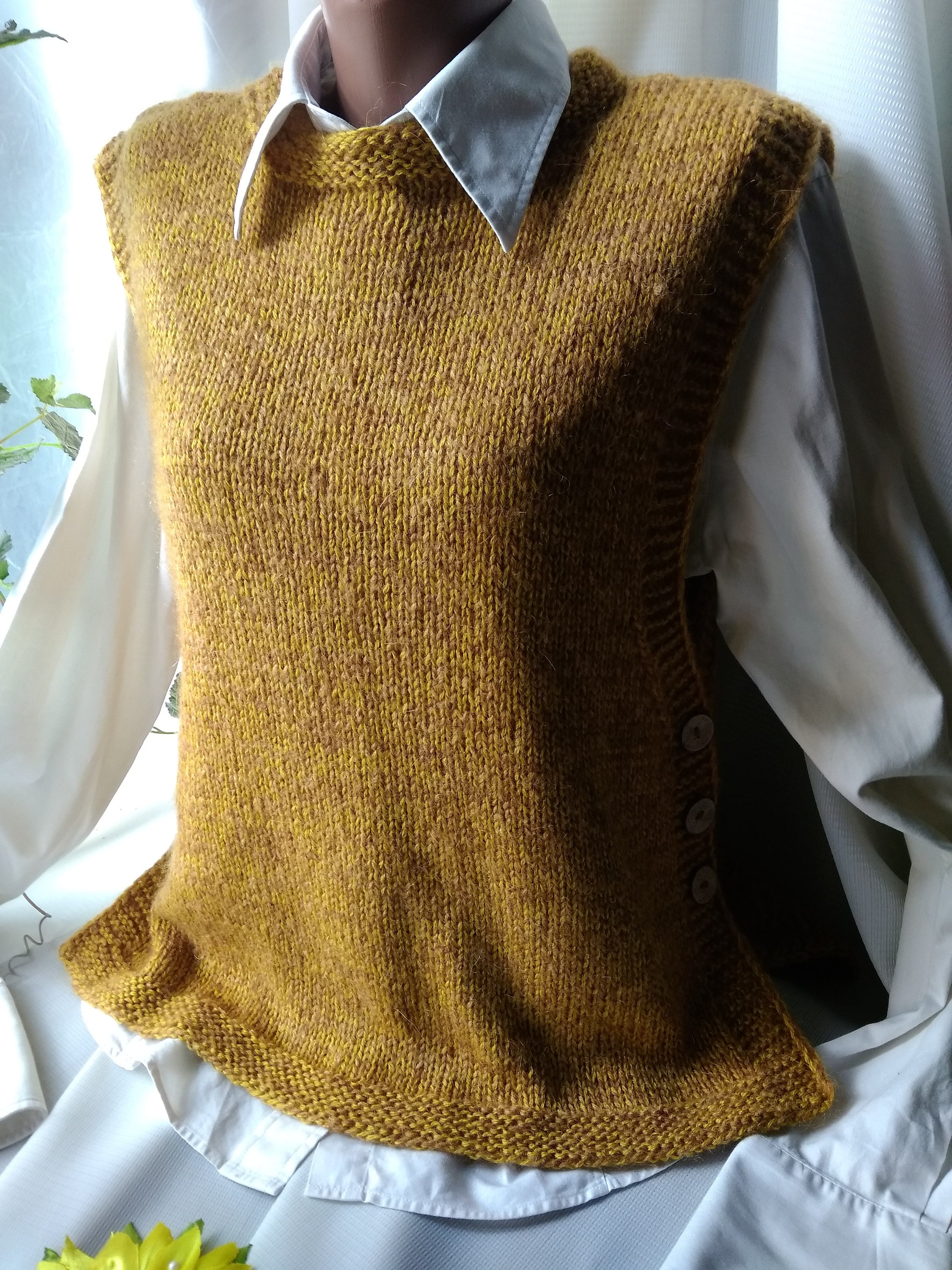 Mustard Poncho Vest Hand Knit Cover Neck Sleeveless Button