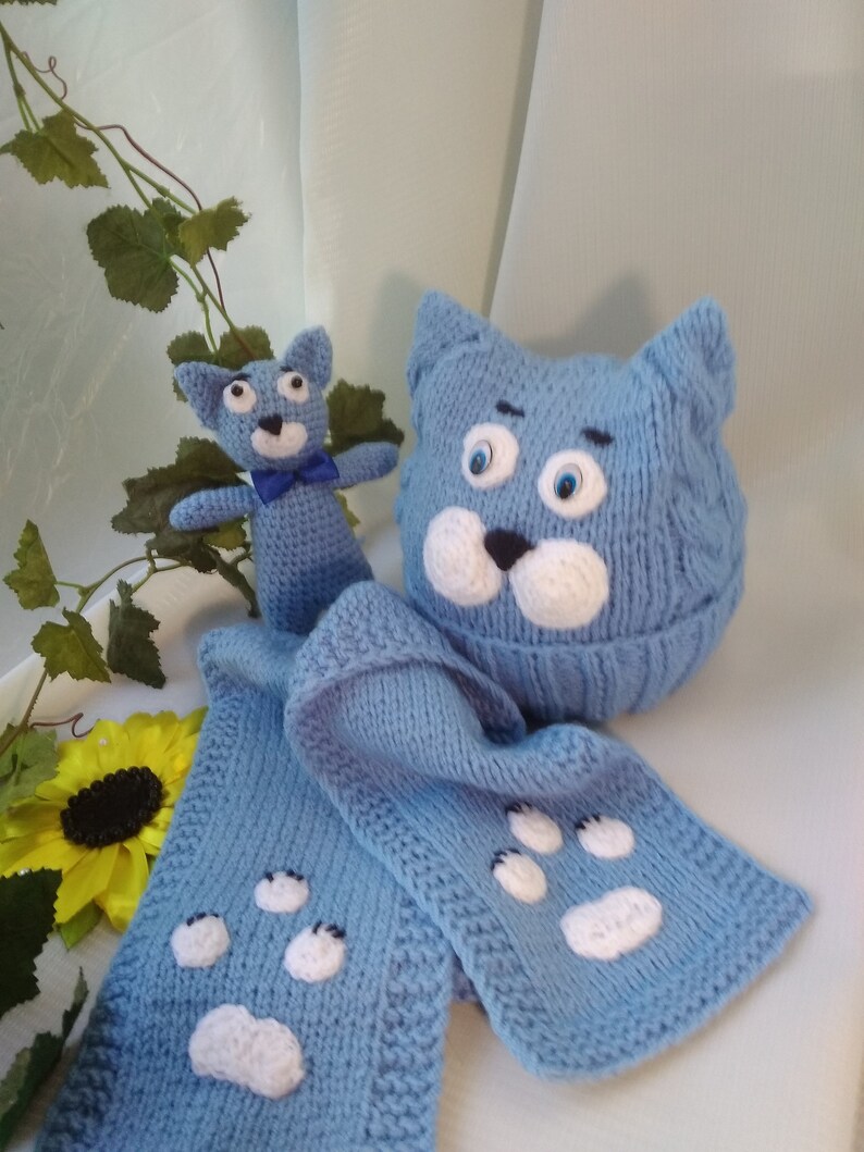 Hand knitted children's Cat Hat Scarf and Toy Lite Blue | Etsy