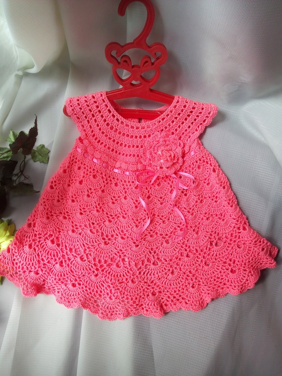 Pink Crochet Baby Dress: Newborn Birthday Outfit with Flowers