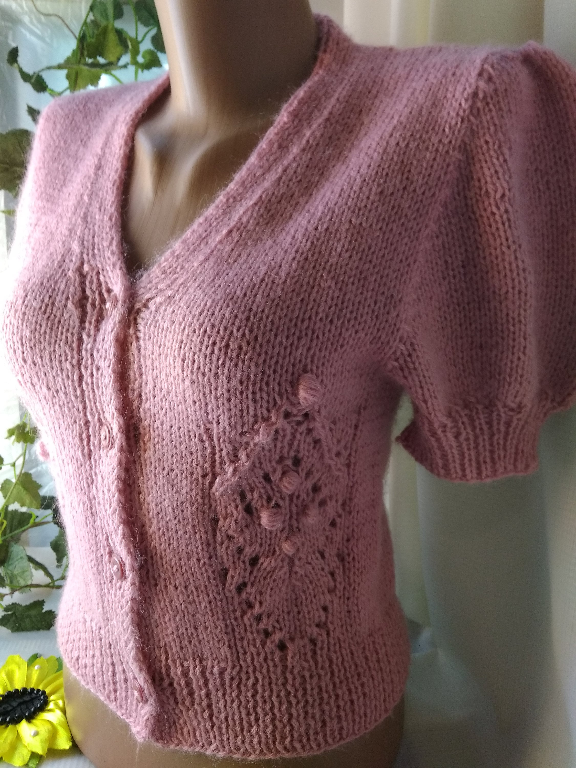 Pink Cropped V Neck Button-down Cardigan Knitted Women's