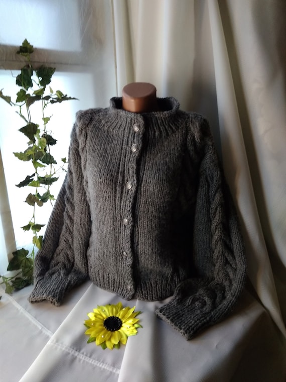 ✅Hand Knit - Cable knit wool cardigan Hand Knit Chunky Wool Cardigan: Cable Knit Button-front Sweater