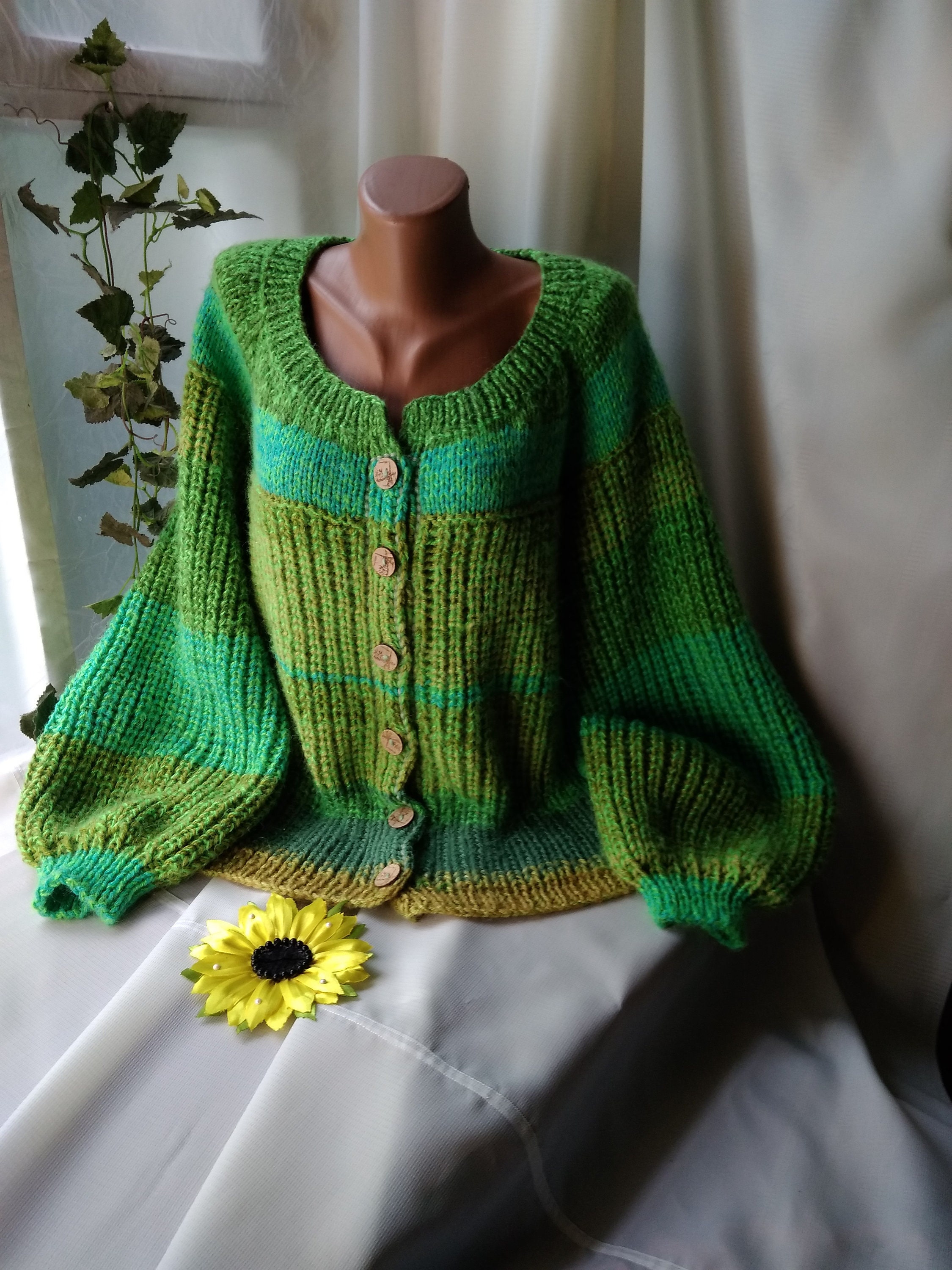Colorful Button-down Cardigan Balloon Sleeves Colorblock - Etsy