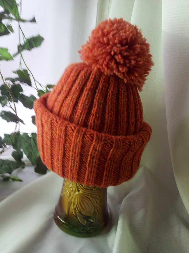 May include: An orange knit hat with a large pom-pom on top. The hat has a ribbed design and a folded brim. The hat is displayed on a decorative stand. The color is a warm, autumnal orange.