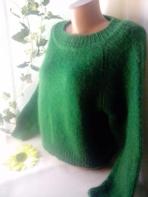 Emerald Green Knit Cropped Oversized Sweater for Women Wool Cable