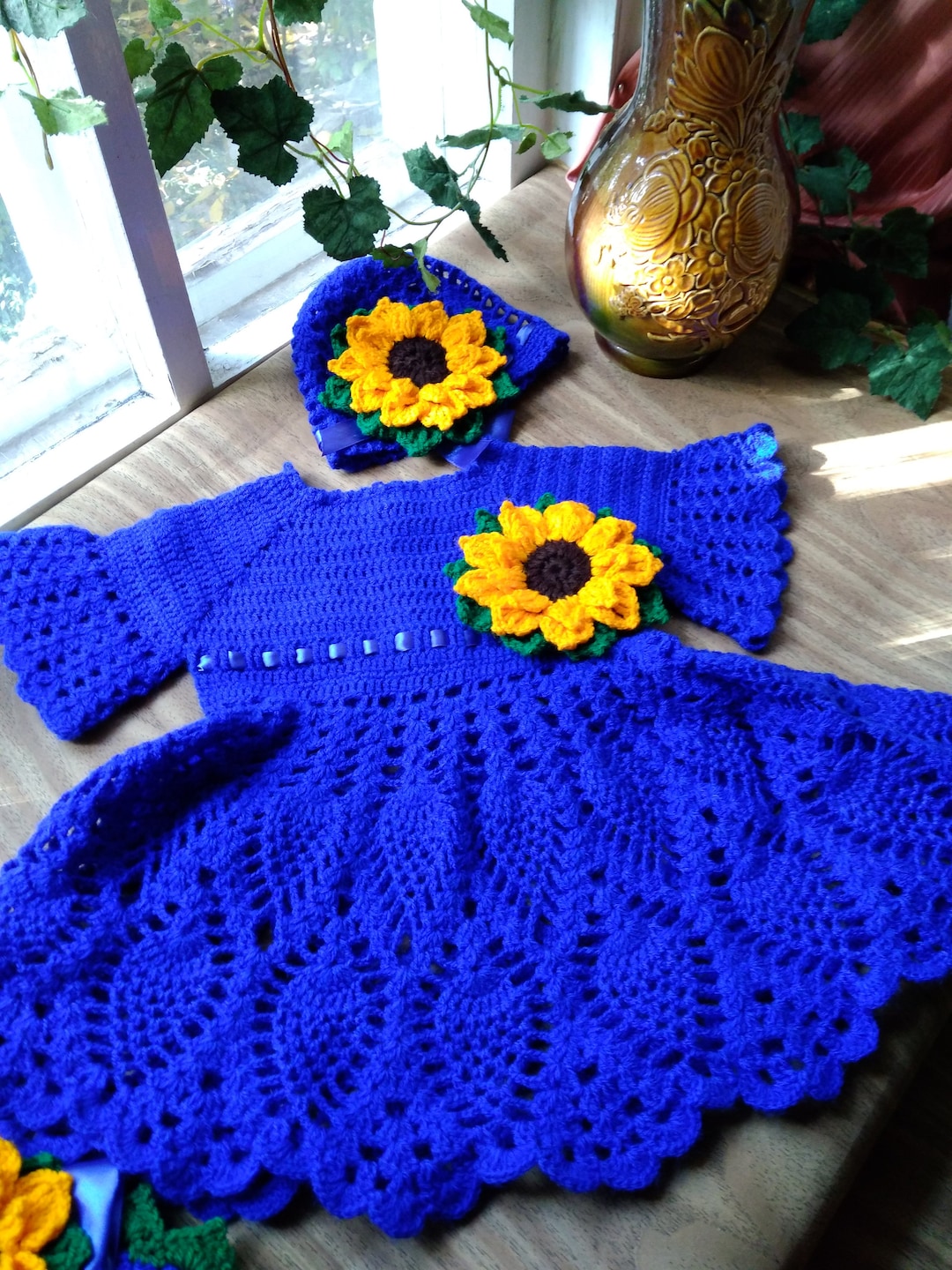 Blue and Yellou Crochet Dress Hat Headband Sunflower Newborn Etsy