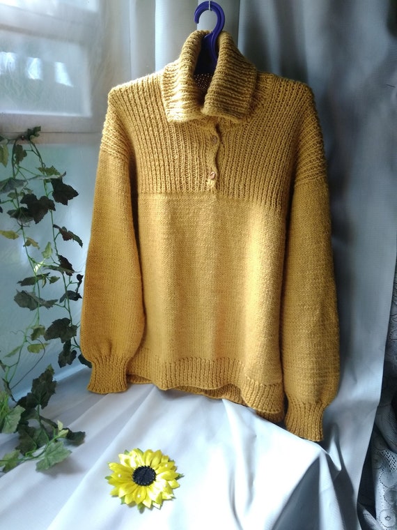 Hand Knit Mustard Wool Turtleneck Sweater: Chunky Oversized