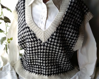 Colete de lã tricotado à mão: suéter sem mangas Fair Isle preto e branco
