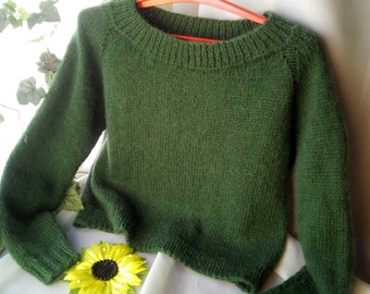 Emerald Green Knit Cropped Oversized Sweater for Women Wool
