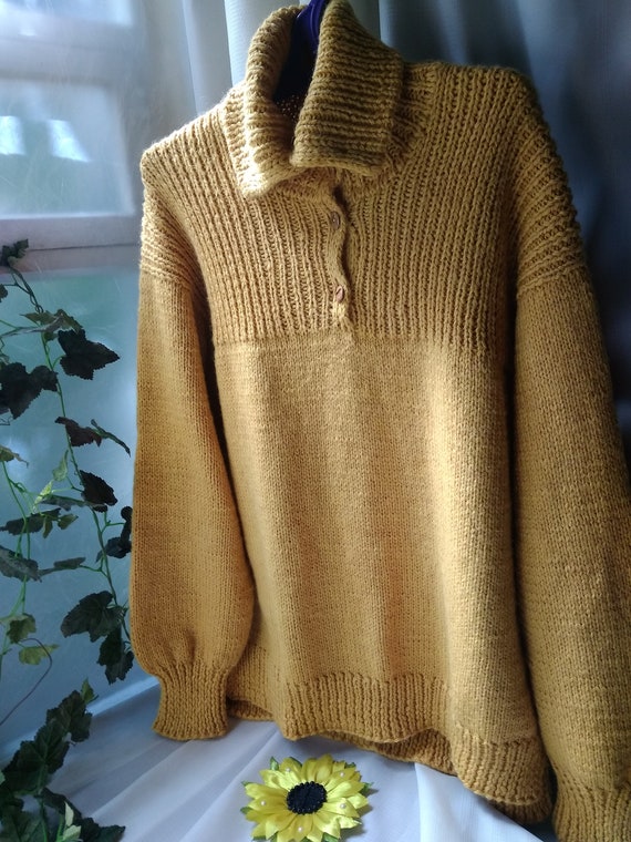 Senf Handgestrickter Skipullover Übergroßer Rollkragenpullover