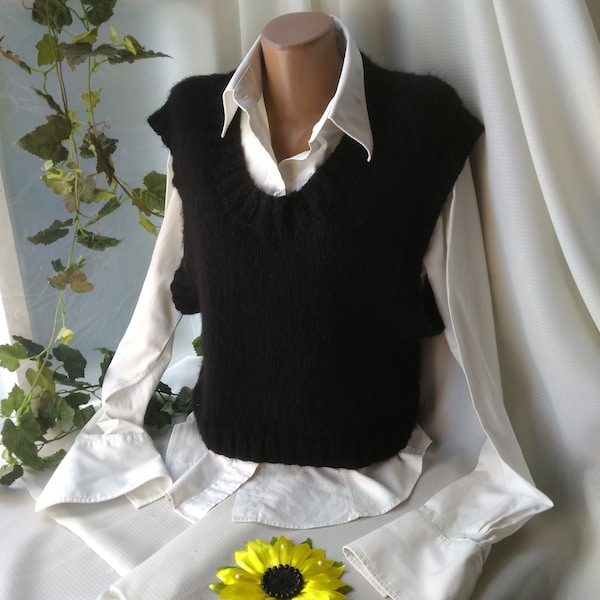 Black Hand knitted sleeveless Pullover for Women Ladies crop top tank Soft merino wool and mohair Shirt preppy Sweater Vest Office outfit